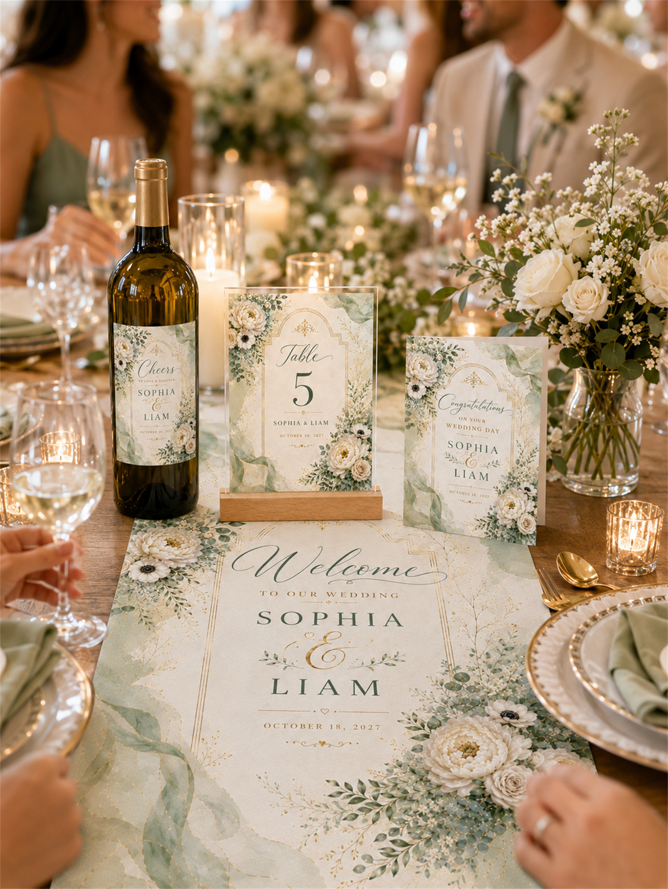Sage green and ivory plant wedding decorations - Romantic and elegant wedding - Custom name and date